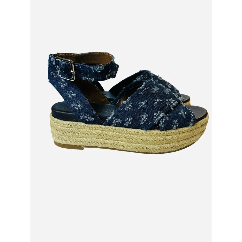 Nine West Espadrille Platform Sandals 6M Showrunner Denim Ankle Strap Open Toe